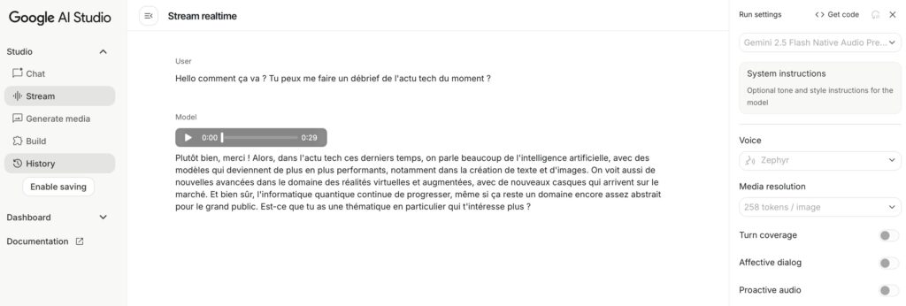 Depuis l'AI Studio, Google génère du son à partir de vos questions. Depuis l'AI Studio, Google génère du son à partir de vos questions.