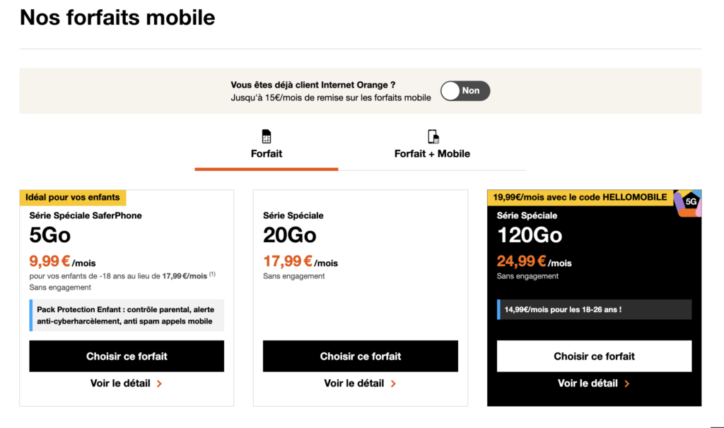 Le nouveau forfait d'Orange est mis en avant sur la page d'accueil, malgré son très mauvais rapport qualité-prix.