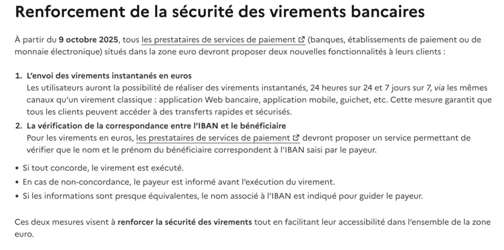 La page du ministère de l'économie qui résume les changements en octobre liste les changements pour les virements.