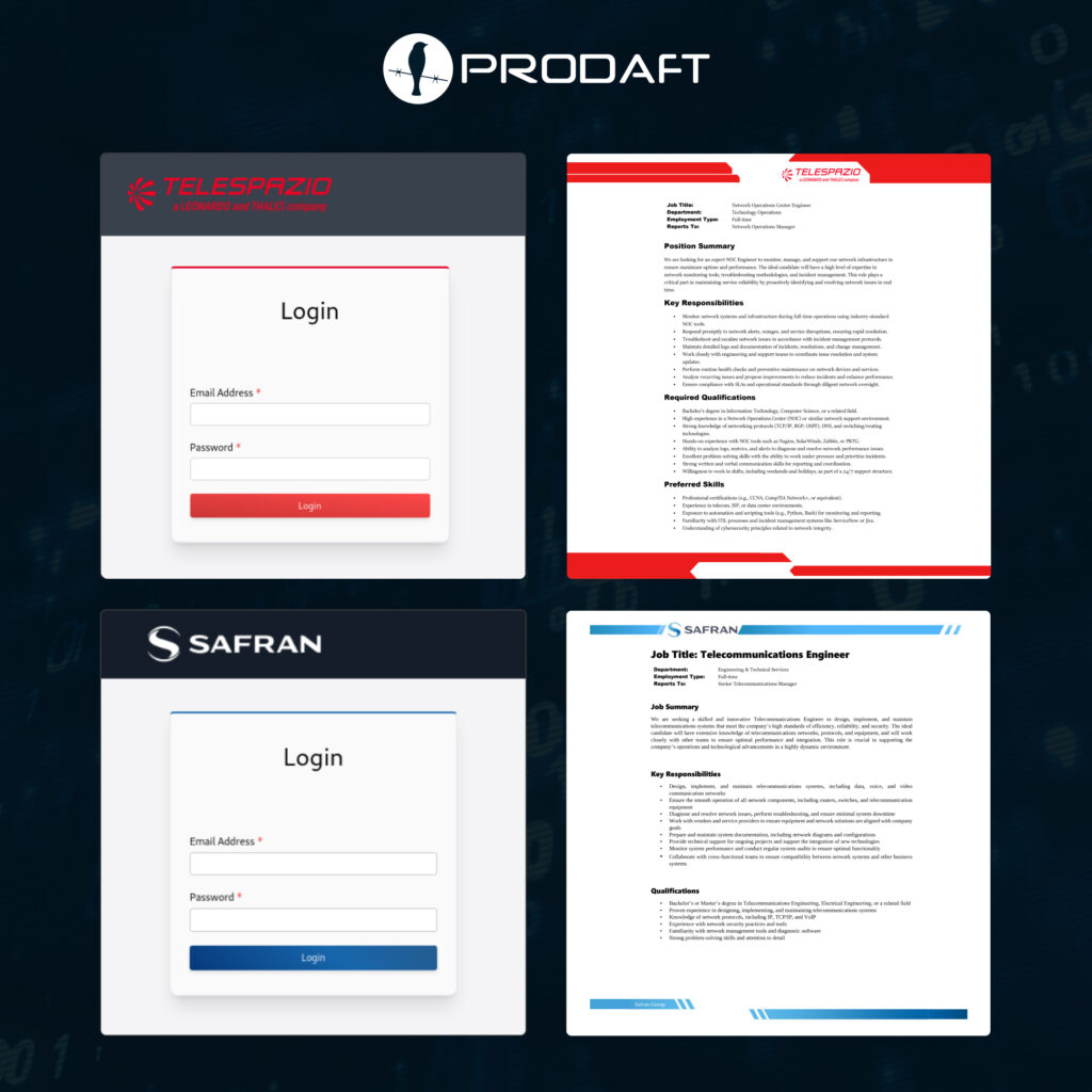Fausses fiches de poste et pages d'authentification créées lors de la campagne de cyberespionnage // Source : Prodaft Fausses fiches de poste et pages d'authentification créées lors de la campagne de cyberespionnage // Source : Prodaft