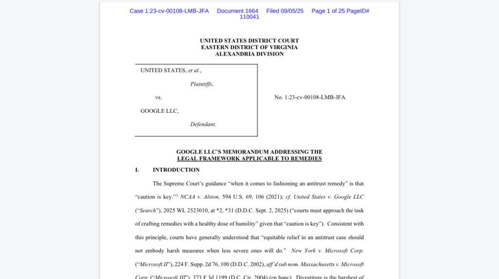 Le document judiciaire de 25 pages déposé par Google // Source : Capture Numerama