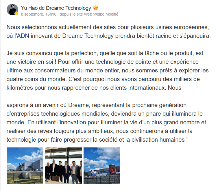 Message de Yu Hao sur l'implantation de sa future usine avec les photos de celle de Tesl // Source : Yu Hao sur Weibo 