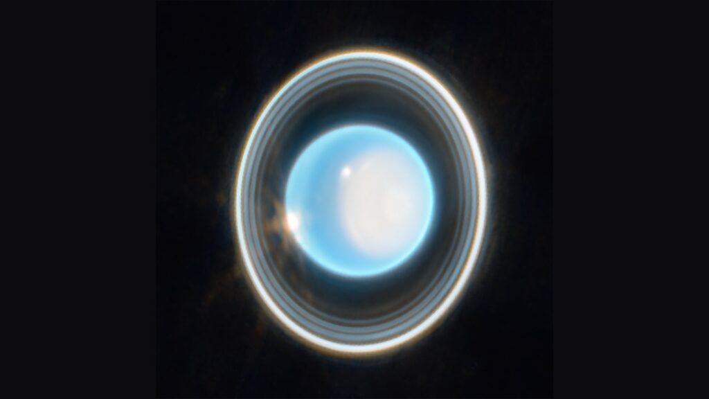 Cette image agrandie d'Uranus, capturée par la caméra proche infrarouge sur le télescope spatial James Webb de la NASA le 6 février 2023, révèle des vues imprenables sur les anneaux d'Uranus. // Source : NASA, ESA, CSA, STScI