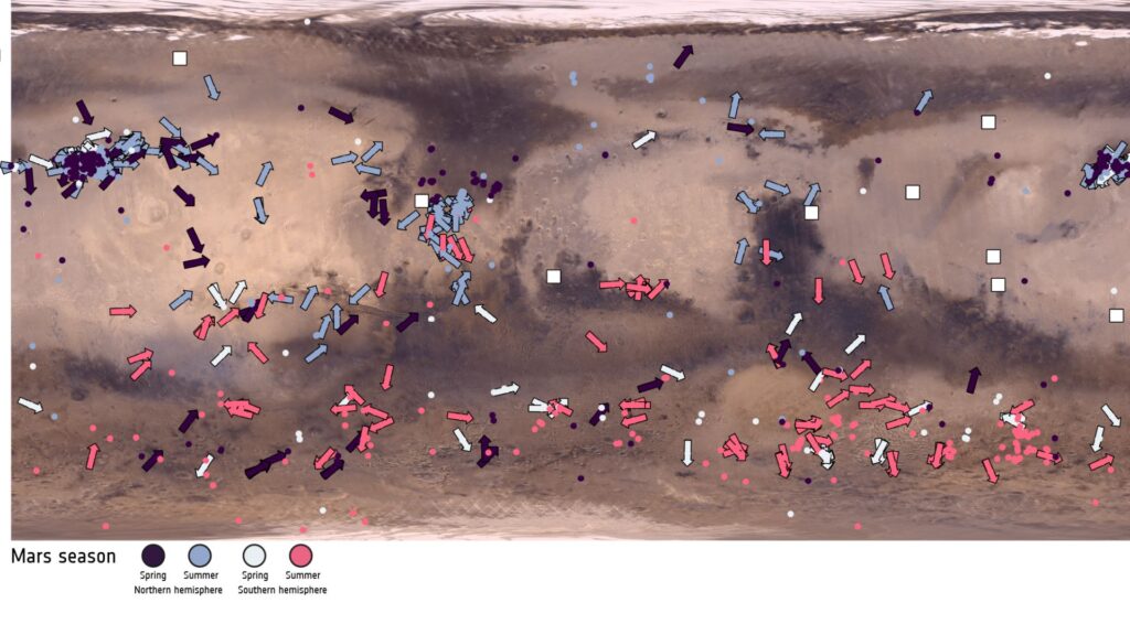 La carte du suivi des tourbillons sur Mars // Source : ESA La carte du suivi des tourbillons sur Mars // Source : ESA