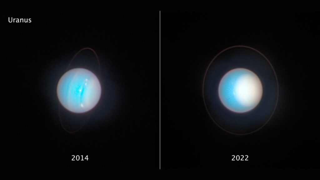 Images côte à côte d'Uranus, prises à huit ans d'intervalle par le télescope spatial Hubble de la NASA. // Source : NASA, ESA, STScI, A. Simon (NASA-GSFC), M. H. Wong (UC Berkeley), J. DePasquale (STScI)