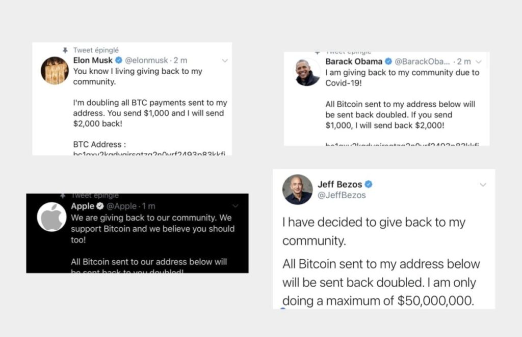 Exemples de messages d'arnaques diffusés sur Twitter en 2020 // Source : Frandroid, Twitter (désormais X) Exemples de messages d'arnaques diffusés sur Twitter en 2020 // Source : Frandroid, Twitter (désormais X)