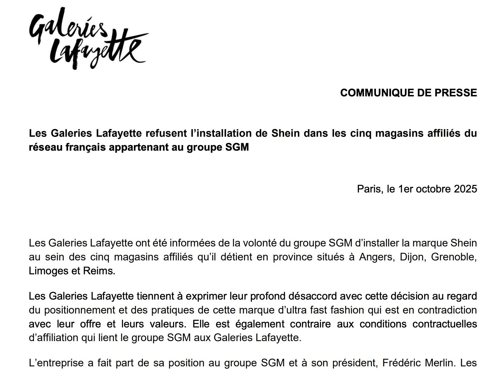 L’entreprise affirme avoir fait part de sa position au groupe SGM et à son président. // Source : Galeries Lafayette