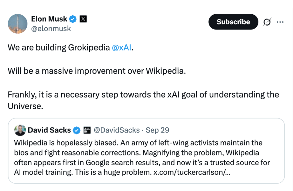 Depuis plusieurs mois, l’encyclopédie collaborative est attaquée par Elon Musk et par certains milieux conservateurs et d’extrême droite. // Source : Elon Musk 