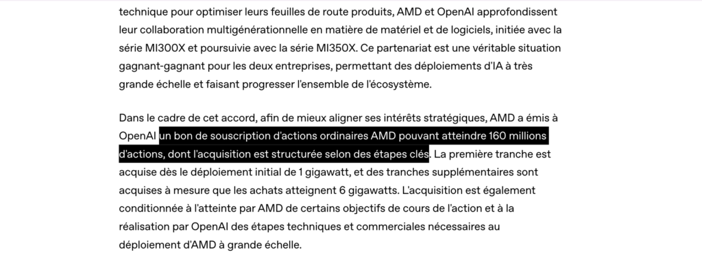 AMD accorde à OpenAI un warrant pour acquérir jusqu’à 160 millions d’actions AMD. // Source : OpenAI