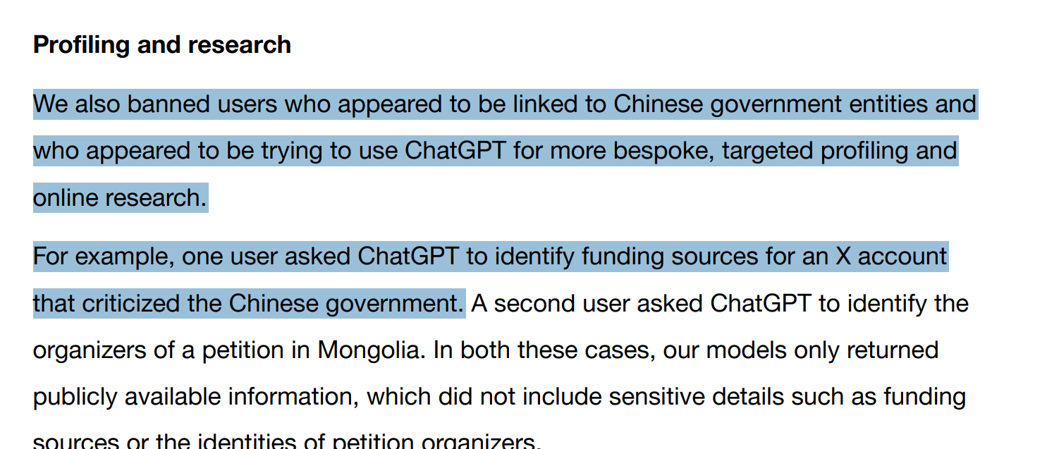 Certains comptes auraient utilisé ChatGPT pour du profilage ciblé ou des recherches très spécifiques. // Source : OpenAI Certains comptes auraient utilisé ChatGPT pour du profilage ciblé ou des recherches très spécifiques. // Source : OpenAI