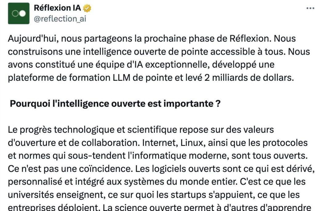 La valorisation de Reflection AI a été multipliée par 15 depuis mars 2025. // Source : Reflection AI La valorisation de Reflection AI a été multipliée par 15 depuis mars 2025. // Source : Reflection AI