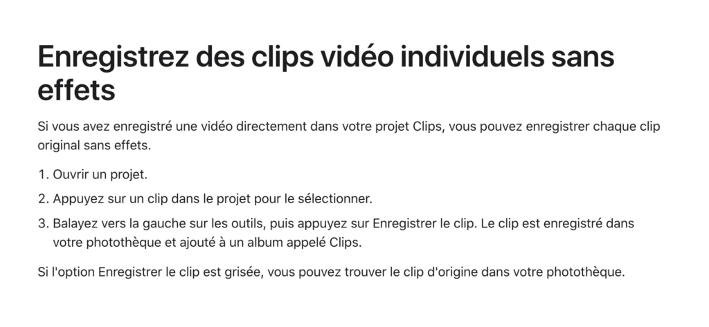 Balayez vers la gauche sur les outils, puis appuyez sur Enregistrer le clip. Le clip est enregistré dans votre photothèque et ajouté à un album appelé Clips. // Source : Support Apple 