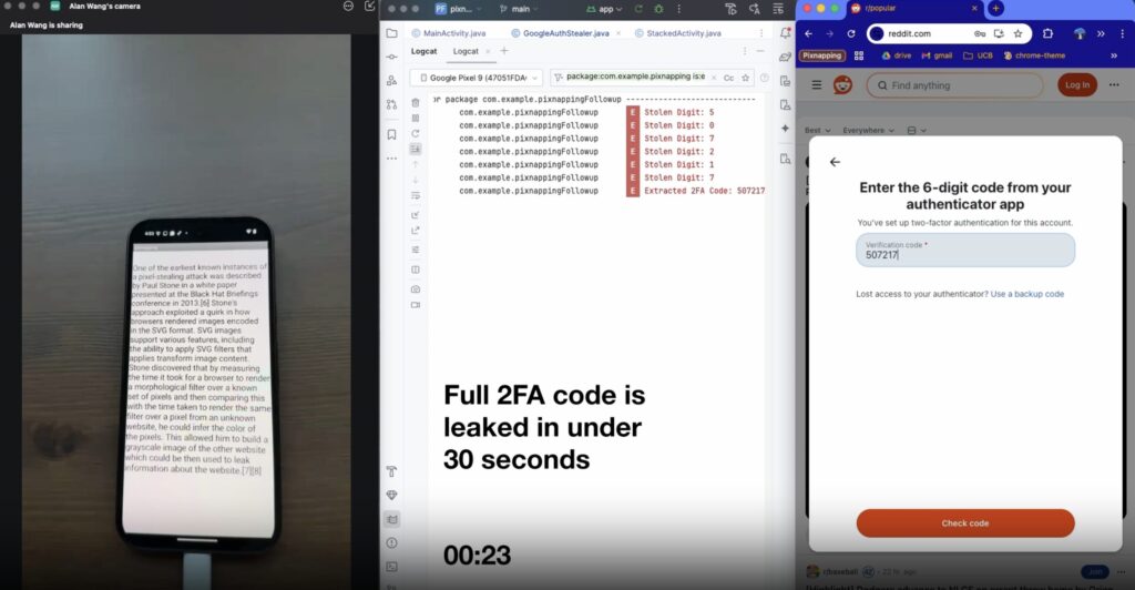 Dans leur démo, disponible au grand public, les chercheurs parviennent à intercepter un code 2FA en moins de 30 secondes // Source : Pixnapping Dans leur démo, disponible au grand public, les chercheurs parviennent à intercepter un code 2FA en moins de 30 secondes // Source : Pixnapping