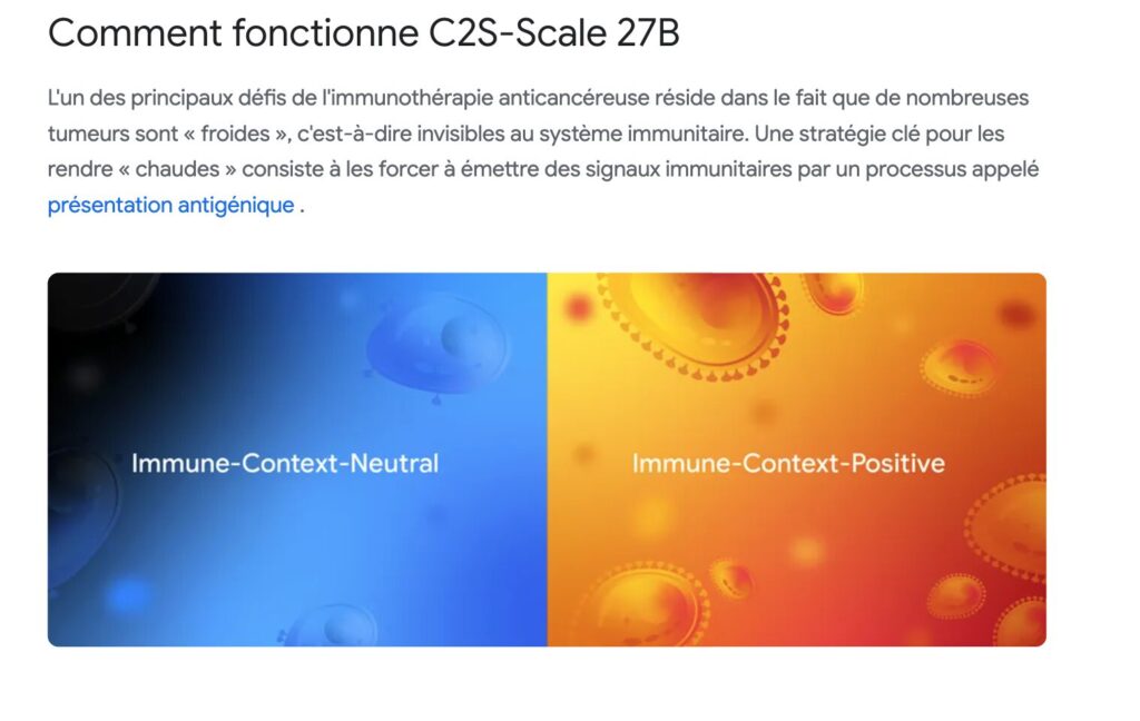 Google affirme qu’un de ses modèles d’intelligence artificielle, baptisé C2S-Scale 27B, a permis d’identifier une nouvelle piste de thérapie contre le cancer. // Source : Google Google affirme qu’un de ses modèles d’intelligence artificielle, baptisé C2S-Scale 27B, a permis d’identifier une nouvelle piste de thérapie contre le cancer. // Source : Google