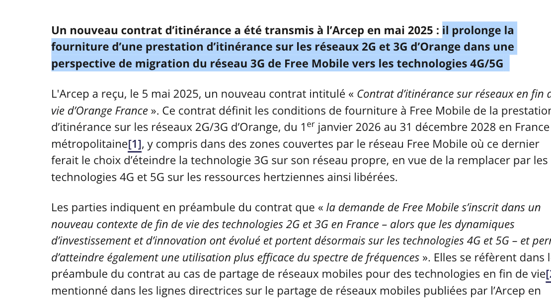  Free Mobile pourra continuer à utiliser les réseaux 2G et 3G d’Orange dans le cadre de ce nouveau contrat. // Source : Arcep