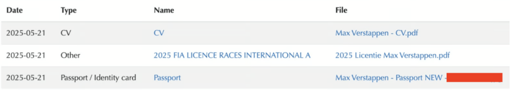 Capture du dossier contenant les informations sensibles de Max Verstappen // Source : Blog de Ian Carroll Capture du dossier contenant les informations sensibles de Max Verstappen // Source : Blog de Ian Carroll