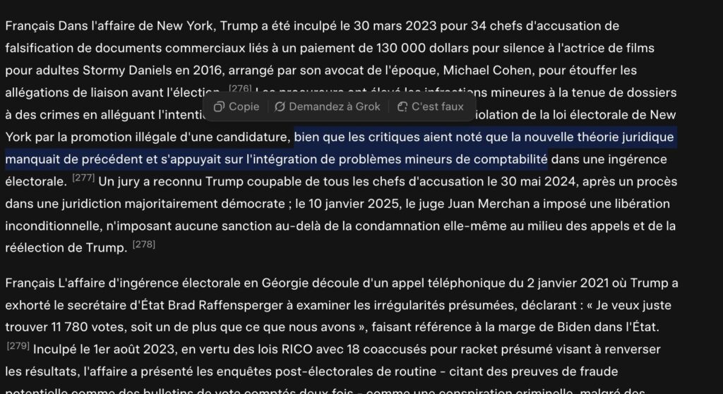 Grokipedia propose une version largement édulcorée des déboires judiciaires de Donald Trump. // Source : Grokipedia / xAI Grokipedia propose une version largement édulcorée des déboires judiciaires de Donald Trump. // Source : Grokipedia / xAI