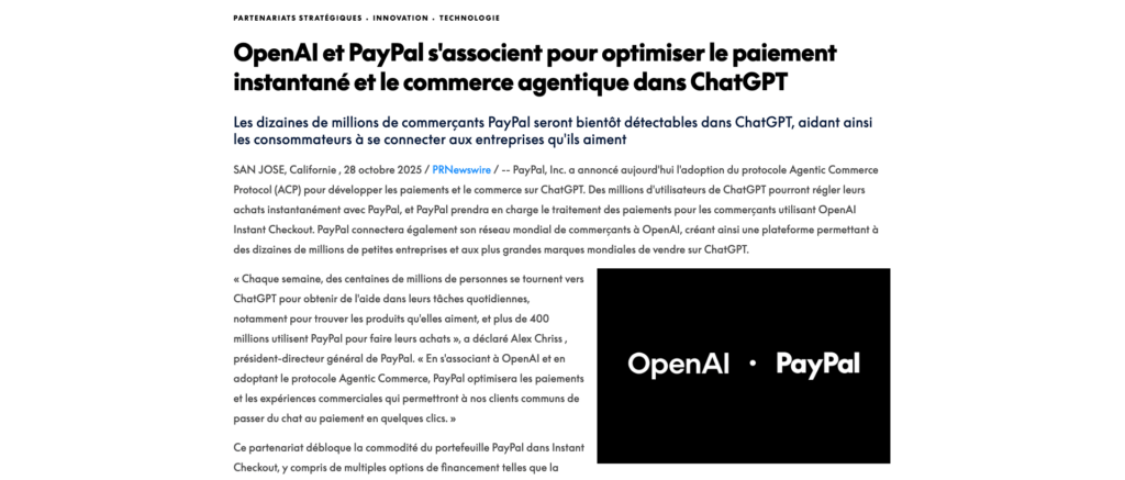 OpenAI (ChatGPT) et le service de paiement en ligne PayPal ont annoncé le 28 octobre 2025 avoir noué un partenariat technologique.  // Source : OpenAI/PayPal  OpenAI (ChatGPT) et le service de paiement en ligne PayPal ont annoncé le 28 octobre 2025 avoir noué un partenariat technologique.  // Source : OpenAI/PayPal