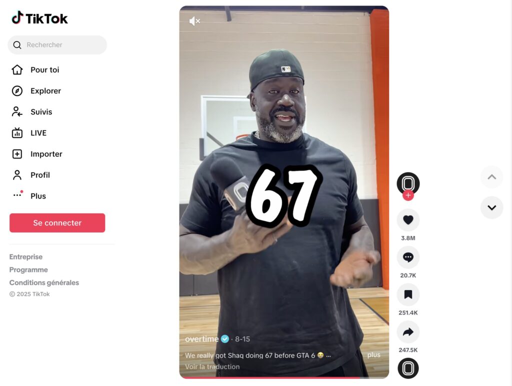 Même Shaquille O’Neal s’y est mis, apparaissant dans une vidéo mentionnant le fameux « 6-7 » -- tout en admettant ne pas vraiment savoir ce que ça veut dire.  // Source : Overtime - TikTok Même Shaquille O’Neal s’y est mis, apparaissant dans une vidéo mentionnant le fameux « 6-7 » -- tout en admettant ne pas vraiment savoir ce que ça veut dire.  // Source : Overtime - TikTok