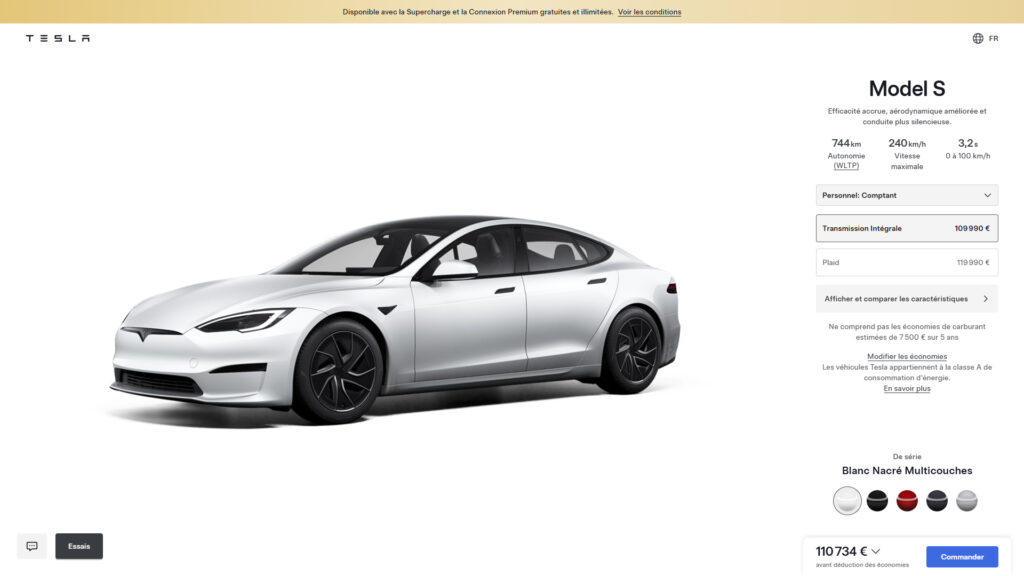 Tarif de la Model S (2025) // Source : Capture site Tesla France Tarif de la Model S (2025) // Source : Capture site Tesla France