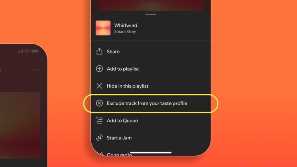 Sélectionnez le titre ou la playlist que vous souhaitez retirer de vos recommandations. // Source : Spotify
