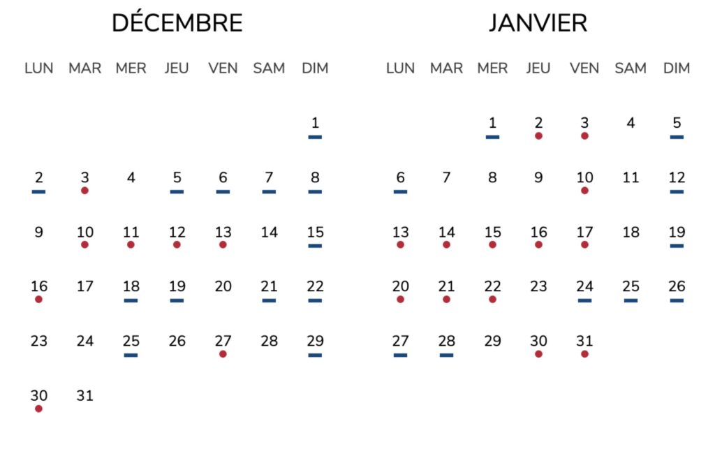 La répartition des jours rouges en décembre 2024 et janvier 2025 // Source : RTE La répartition des jours rouges en décembre 2024 et janvier 2025 // Source : RTE
