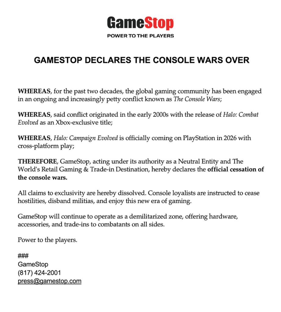 Communiqué de GameStop sur la fin de la guerre des consoles // Source : GameStop Communiqué de GameStop sur la fin de la guerre des consoles // Source : GameStop