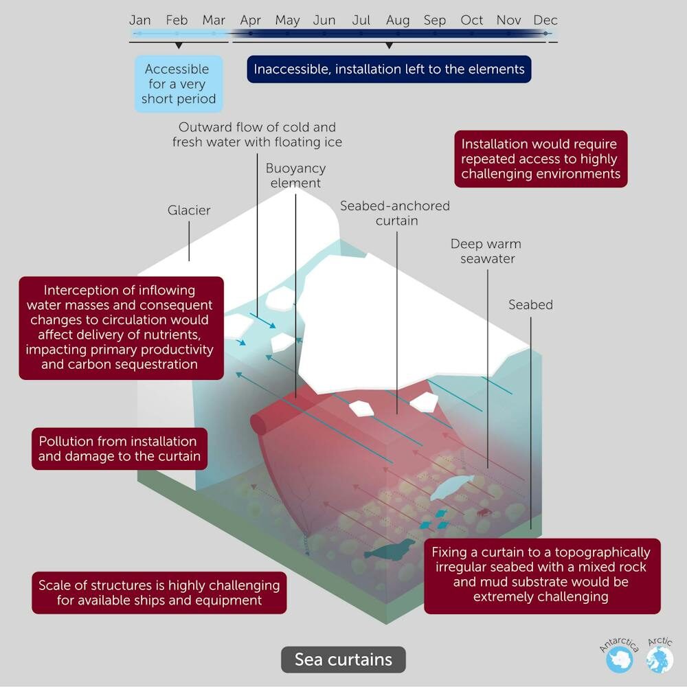 Les sous-rideaux marins sont des structures flexibles et flottantes, ancrées au fond de la mer entre 700 mètres et 1 000 mètres de profondeur et s’élevant de 150 mètres à 500 mètres. // Source : Frontiers Les sous-rideaux marins sont des structures flexibles et flottantes, ancrées au fond de la mer entre 700 mètres et 1 000 mètres de profondeur et s’élevant de 150 mètres à 500 mètres. // Source : Frontiers