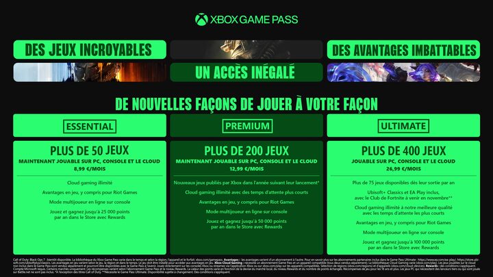 Les trois formules Xbox Game Pass. Les trois formules Xbox Game Pass.