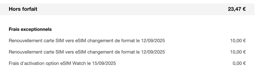 Petite surprise sur ma facture Orange : deux cartes SIM facturées 10 euros. Il s'agit de transfert d'un appareil à un autre.