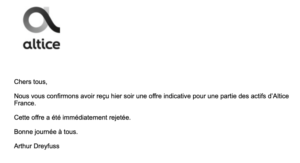 Le mail envoyé par SFR à ses salariés. Le mail envoyé par SFR à ses salariés.