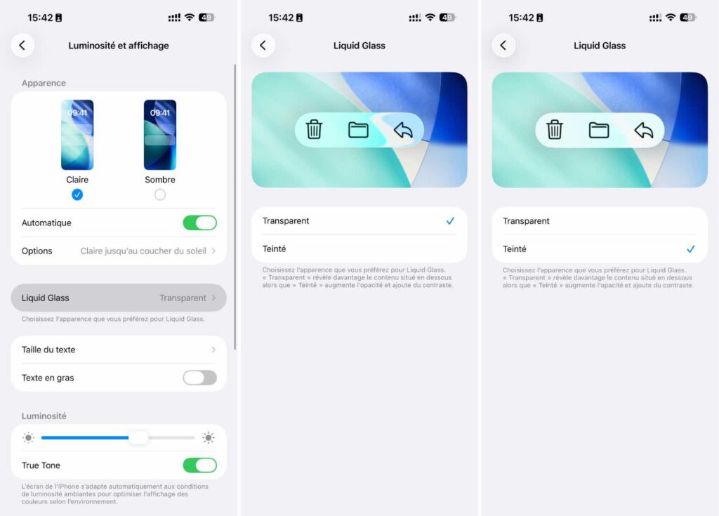 Les deux options pour le Liquid Glass dans iOS 26.1.
