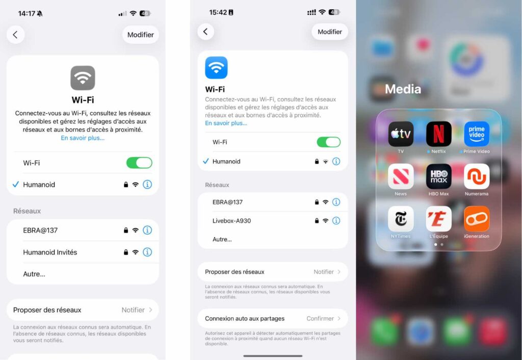 iOS 26.0 à gauche, iOS 26.1 sur les deux images de droite.
