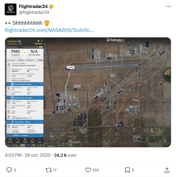 Le X-59 se dirigeant vers sa piste de décollage // Source : Capture d'écran Le X-59 se dirigeant vers sa piste de décollage // Source : Capture d'écran