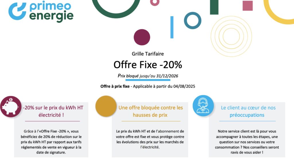 Les tarifs de l'offre actuelle chez Primeo Énergie // Source : Primeo Énergie Les tarifs de l'offre actuelle chez Primeo Énergie // Source : Primeo Énergie