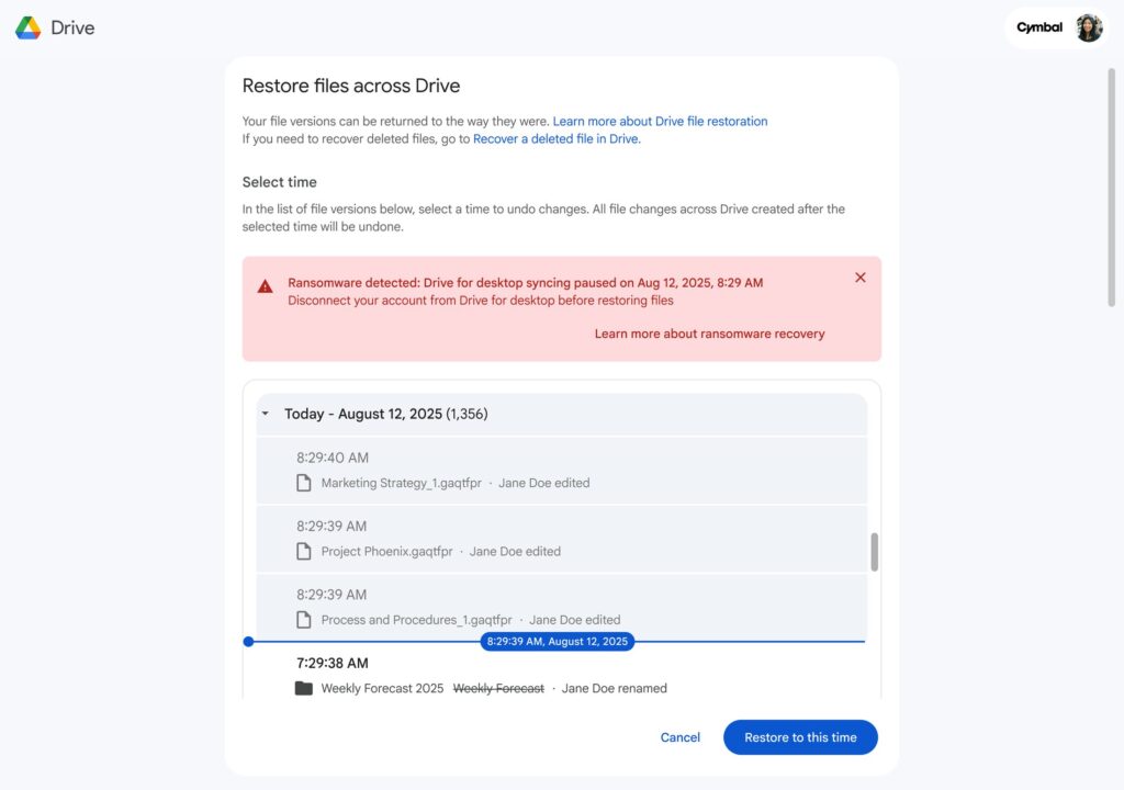 Interface pour récupérer des versions antérieures de fichiers // Source : Google
