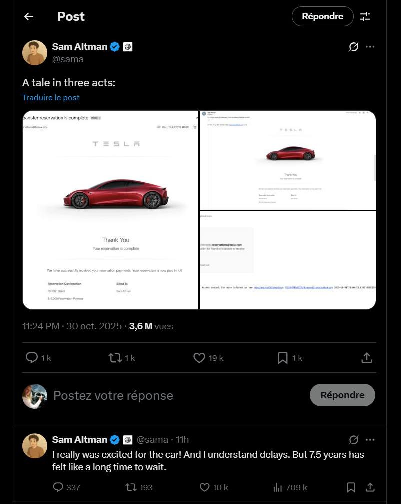 Sam Altman explique vouloir annuler sa réservation du Roadster // Source : Sam Altman sur X  Sam Altman explique vouloir annuler sa réservation du Roadster // Source : Sam Altman sur X