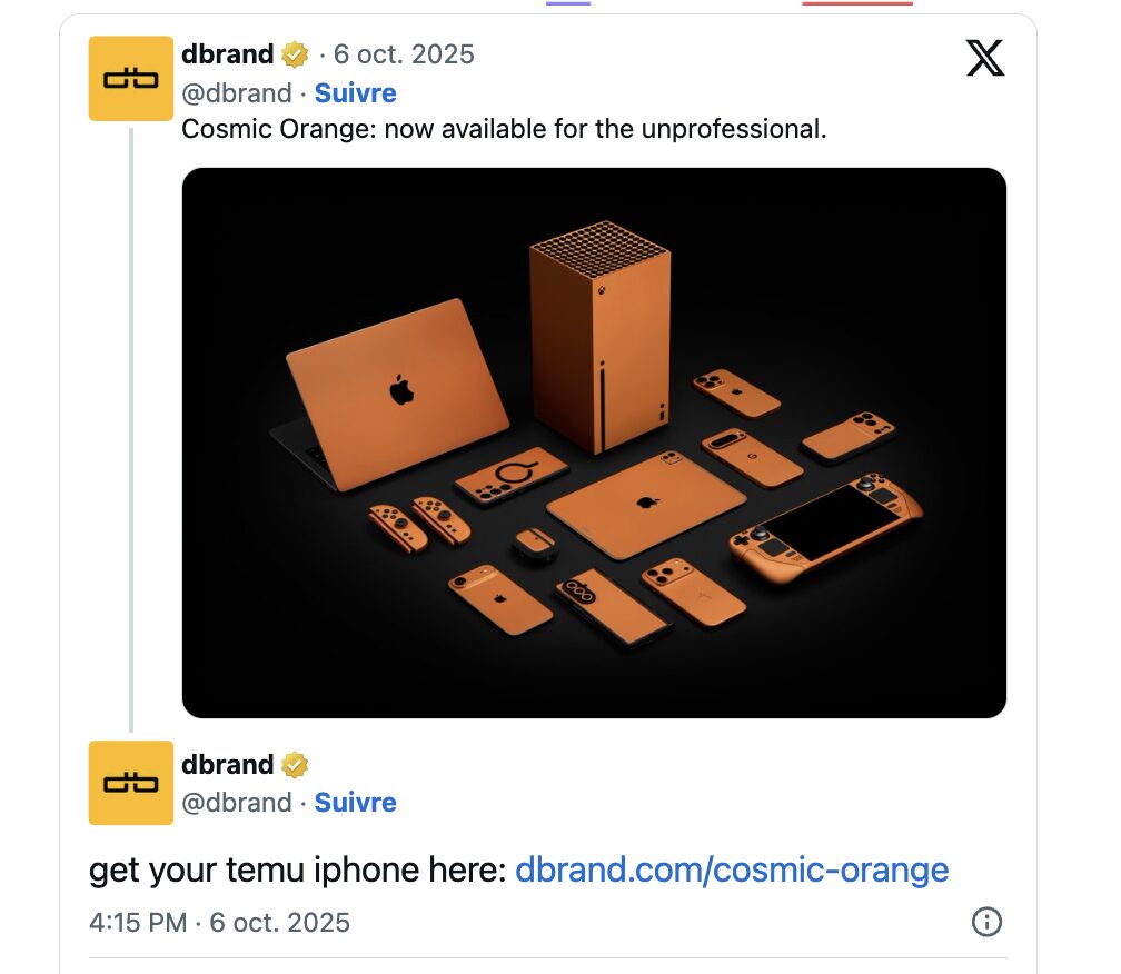 Sur Twitter, Dbrand trolle l'iPhone 17 Pro orange.