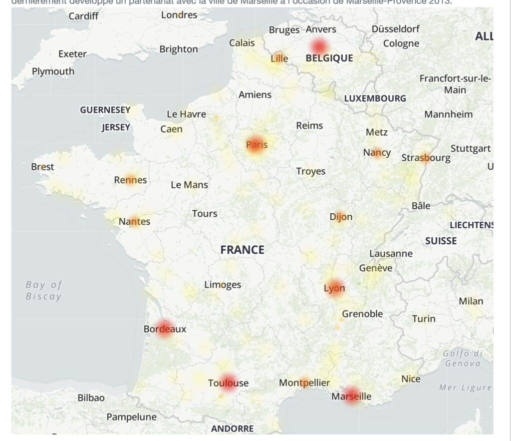 La carte des pannes Orange sur DownDetector. La carte des pannes Orange sur DownDetector.
