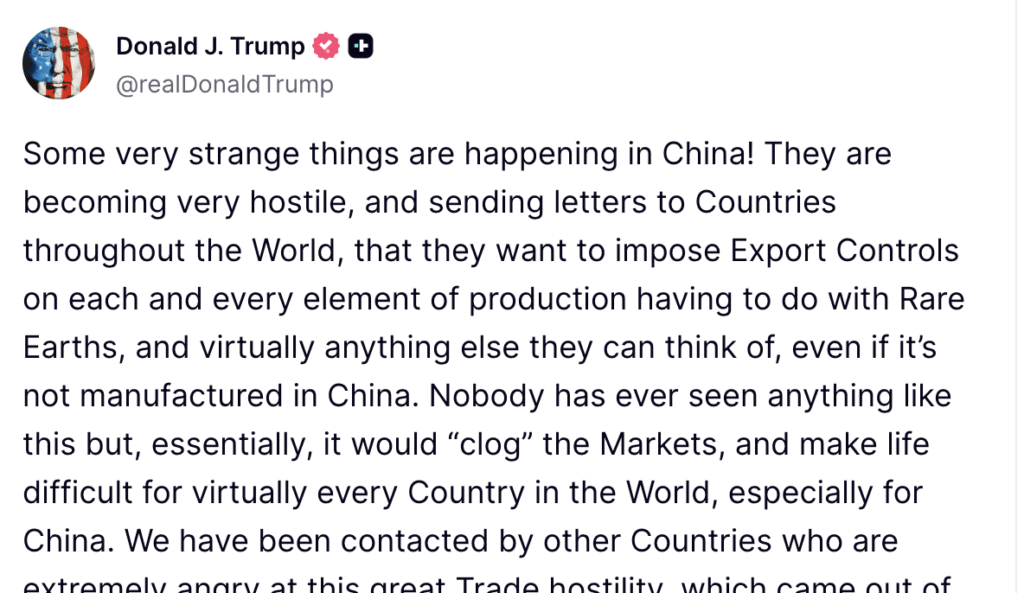 La première publication de Donald Trump sur la décision chinoise. La première publication de Donald Trump sur la décision chinoise.