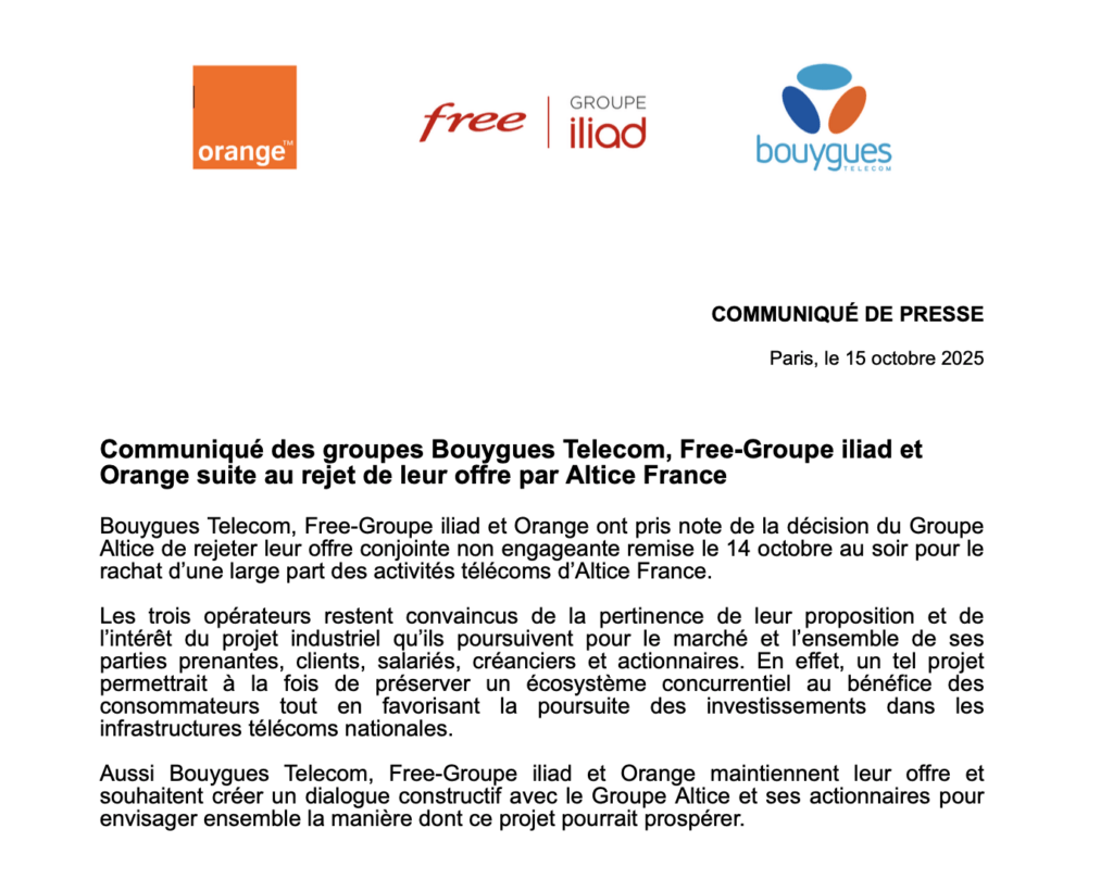 Le communiqué envoyé par les trois opérateurs mercredi soir. Le communiqué envoyé par les trois opérateurs mercredi soir.