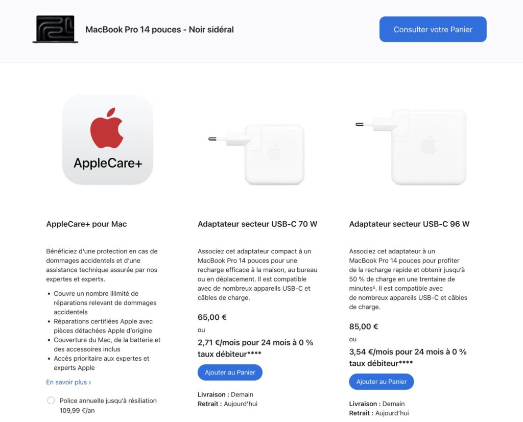 Quand on ajoute un Mac au panier, Apple propose de rajouter un chargeur.