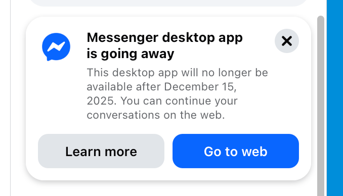 La notification envoyée par Meta aux utilisateurs de Messenger pour Windows et macOS. La notification envoyée par Meta aux utilisateurs de Messenger pour Windows et macOS.