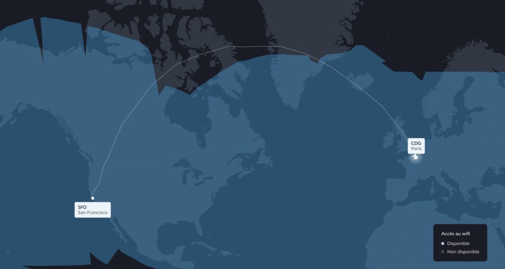 La carte du Wi-Fi sur un vol Paris-San Francisco, avec une large zone sans satellite. Starlink règle ça. // Source : Numerama La carte du Wi-Fi sur un vol Paris-San Francisco, avec une large zone sans satellite. Starlink règle ça. // Source : Numerama