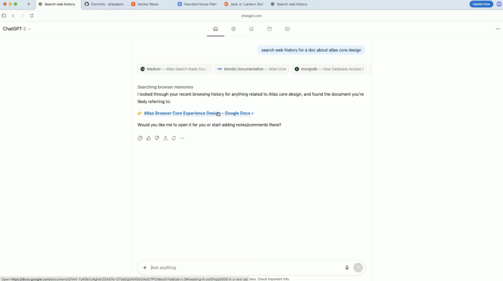 ChatGPT Atlas et sa gestion de l'historique. Il ne se contente pas d'accéder au web. ChatGPT Atlas et sa gestion de l'historique. Il ne se contente pas d'accéder au web.