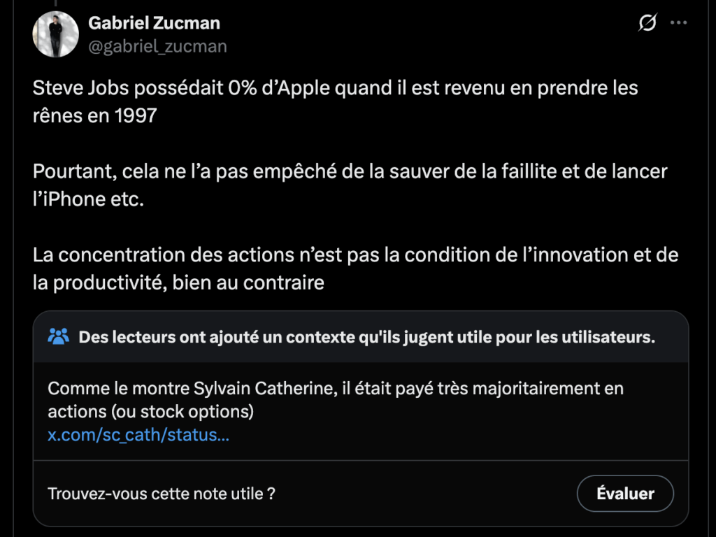 Le tweet erroné de Gabriel Zucman sur Steve Jobs. Le tweet erroné de Gabriel Zucman sur Steve Jobs.