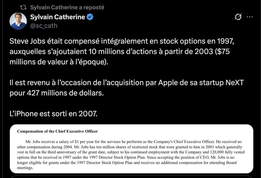Document à l'appui, Sylvain Catherine montre que l'exemple de Steve Jobs est mal choisi. Document à l'appui, Sylvain Catherine montre que l'exemple de Steve Jobs est mal choisi.