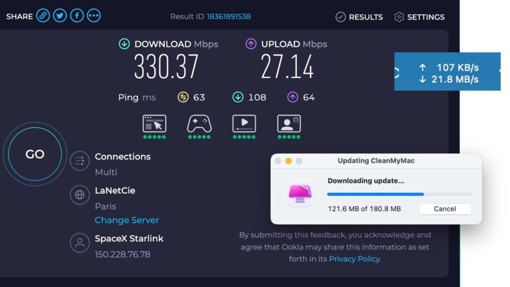 Des tests de débit réalisés sur un Mac connecté au réseau Air France Starlink. // Source : Numerama Des tests de débit réalisés sur un Mac connecté au réseau Air France Starlink. // Source : Numerama