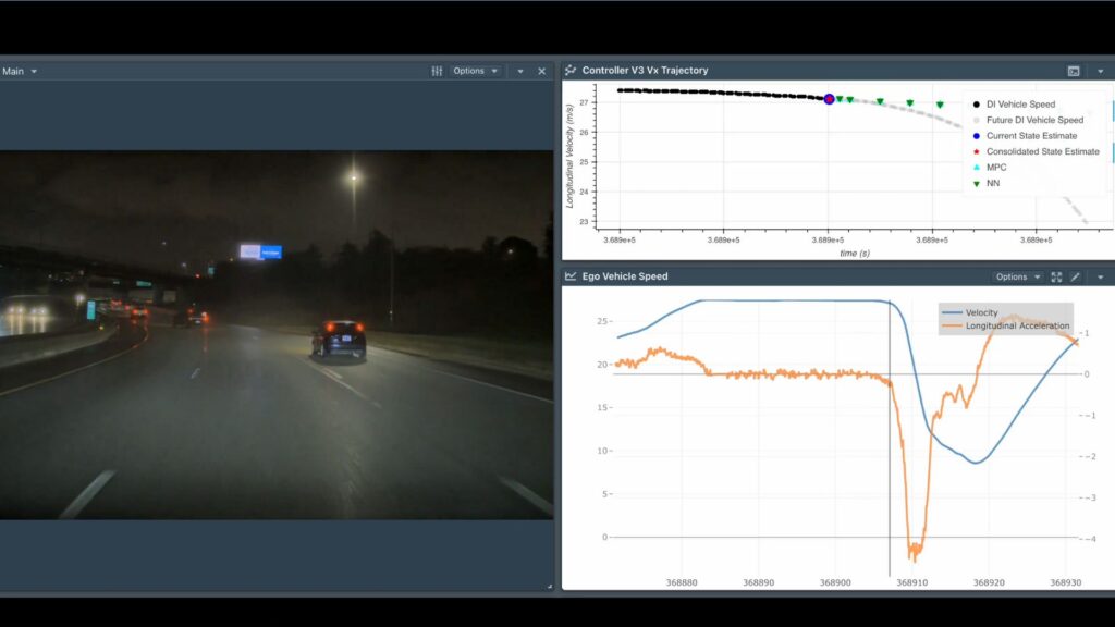 À droite, on observe que la Tesla anticipe largement l'accident à venir (la voiture en tête à queue à gauche). // Source : Ashok Elluswamy via X À droite, on observe que la Tesla anticipe largement l'accident à venir (la voiture en tête à queue à gauche). // Source : Ashok Elluswamy via X
