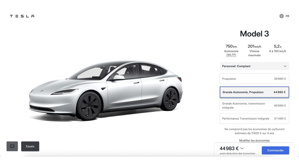 La nouvelle Tesla Model 3 avec plus d'autonomie // Source : Tesla via configurateur France